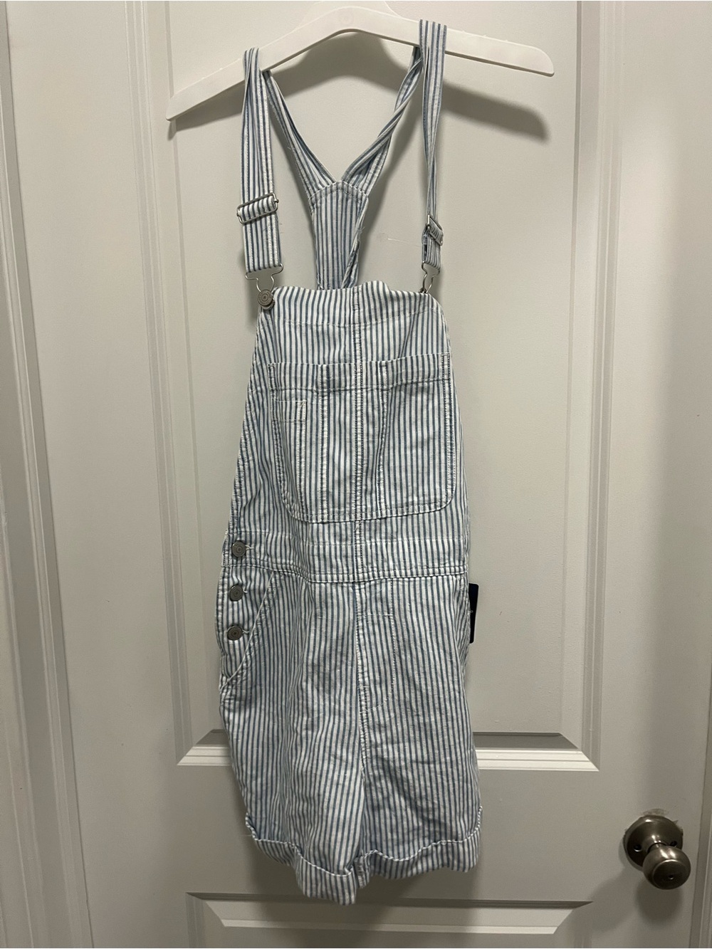 Lucky Brand Blue White Pin Stripes Overall Shorts Xs NWT- See Pics For Spots
